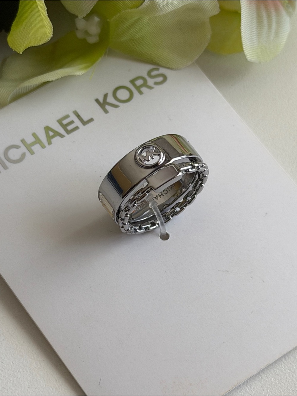Michael Kors Polished Silver Logo Band Ring with Chain Accent